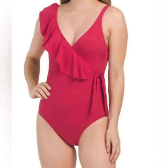 Profile By Gottex Tutti Frutti V Neck One Shoulder Ruffle One Piece Swimsuit - Picture 1 of 7